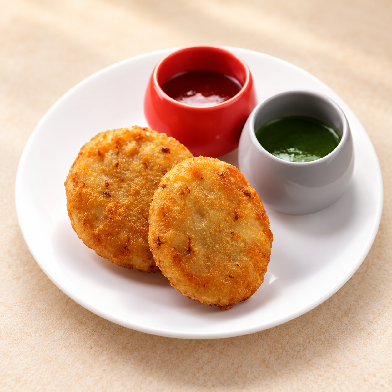 Two golden aaloo tikki patties on a white plate with dipping sauces