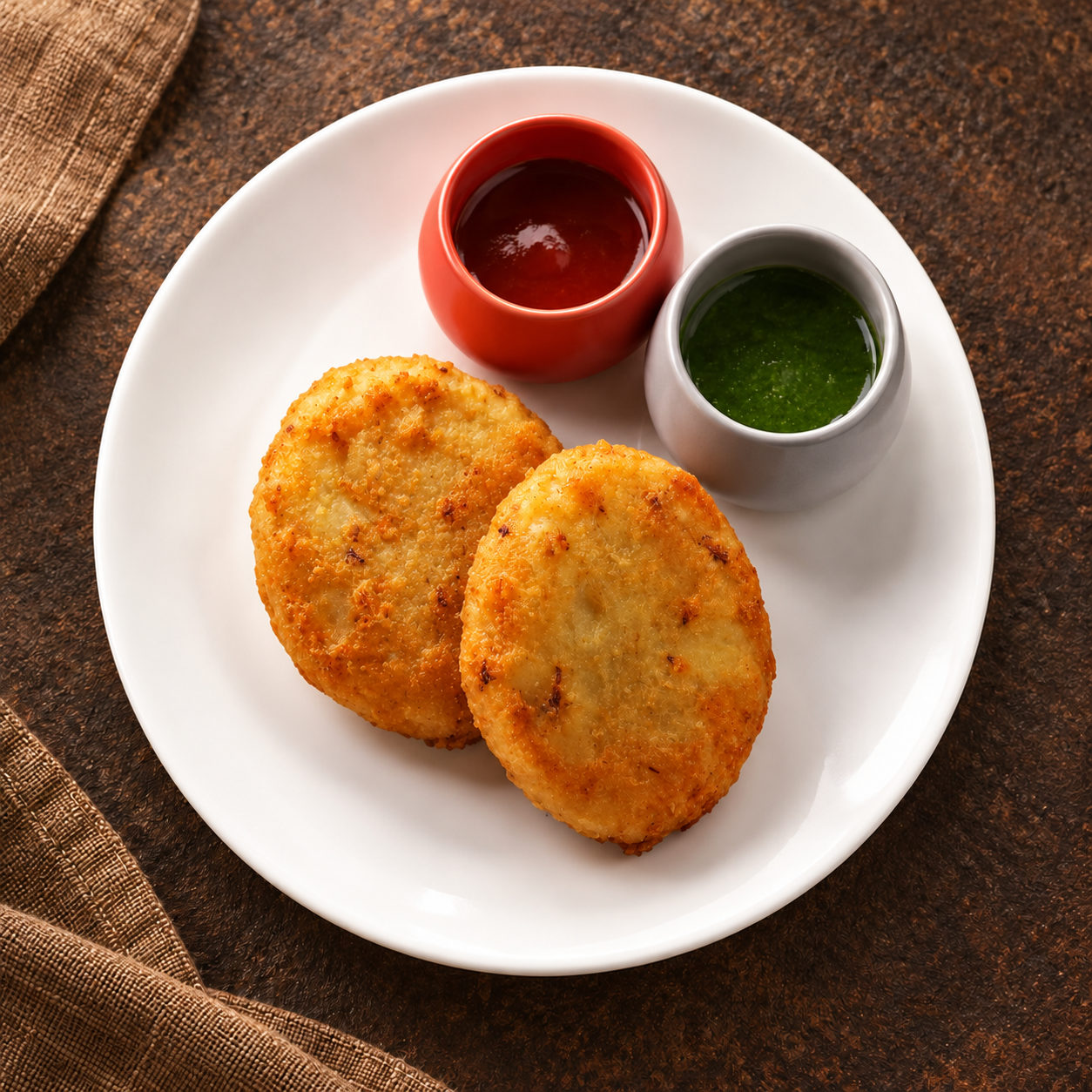 Two golden aaloo tikki patties with sauces on a warm brown table