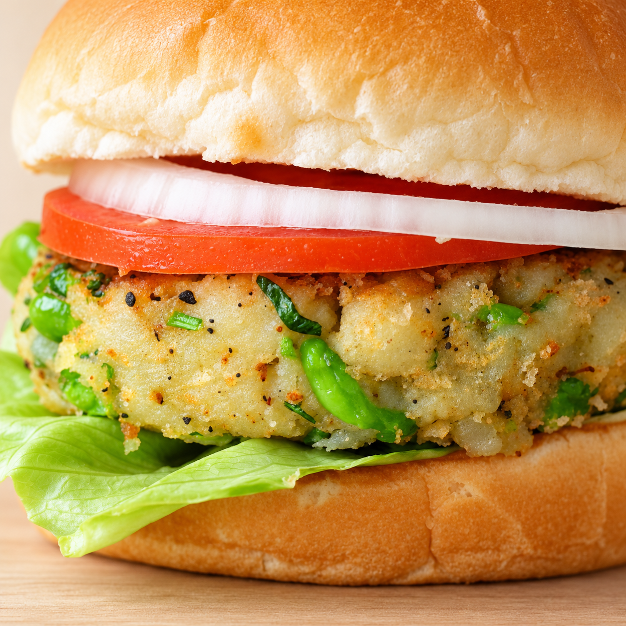 Aalu tikki burger with lettuce, tomato and onion on a cream background