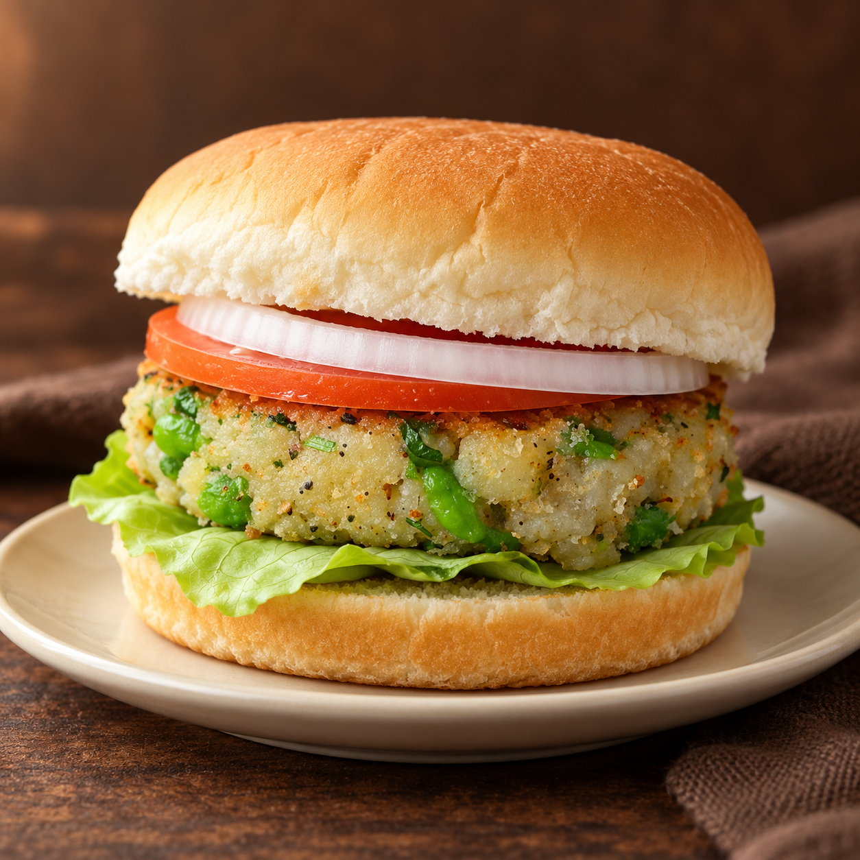 Aalu tikki burger on a cream plate with a warm brown background