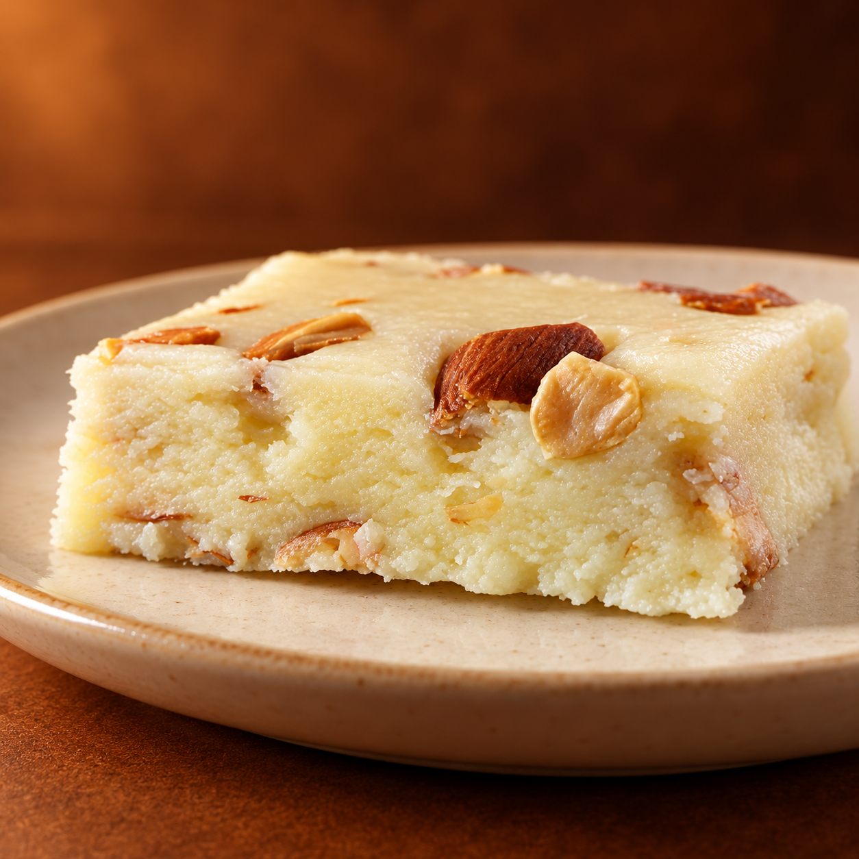 Almond barfi on a cream plate against a warm brown background