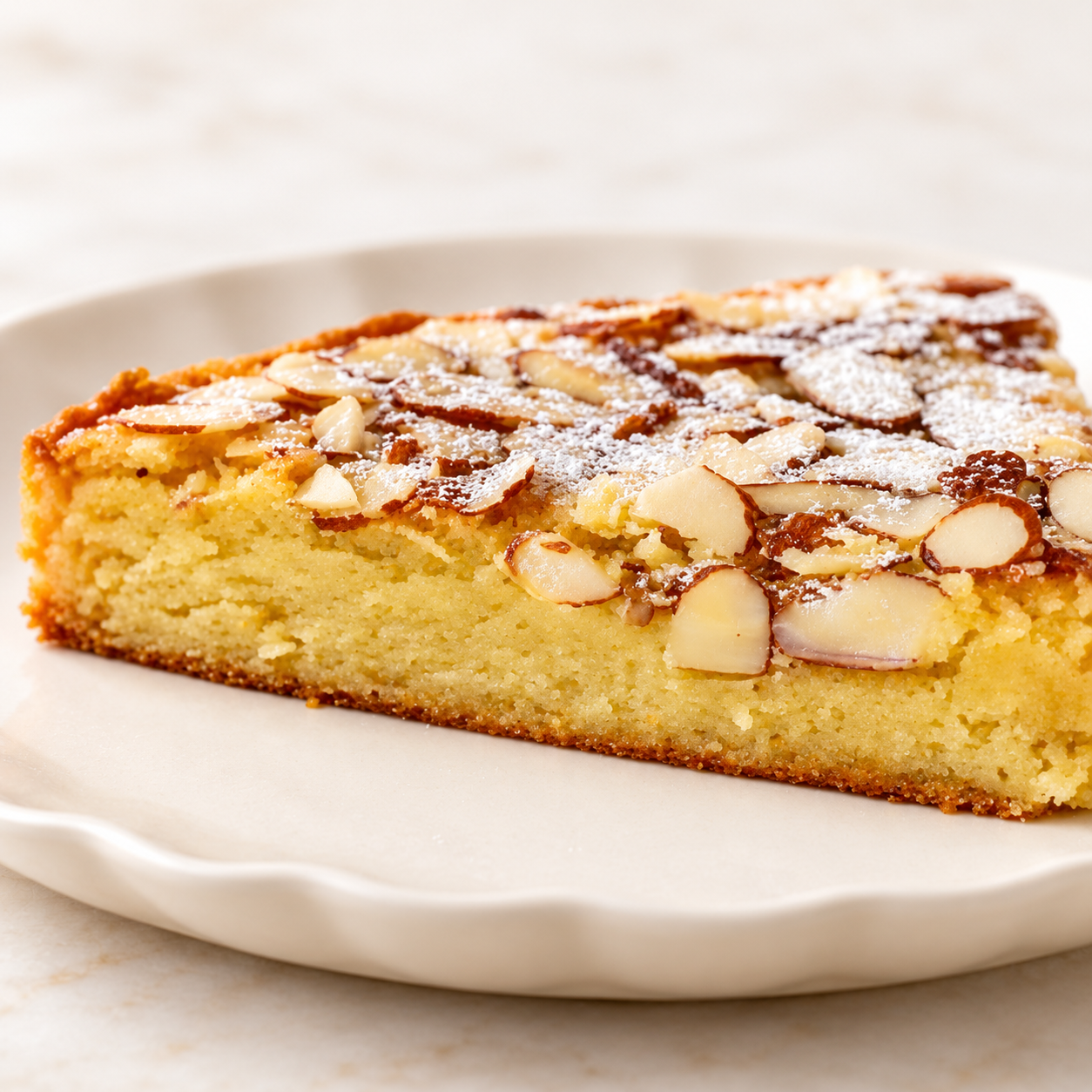 Almond cake slice with toasted almonds on a cream plate in soft daylight
