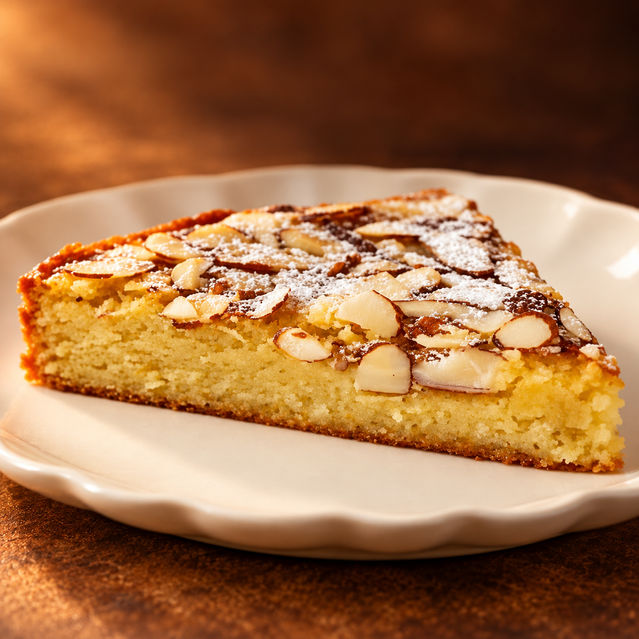 Almond cake slice on a cream plate against a warm brown background