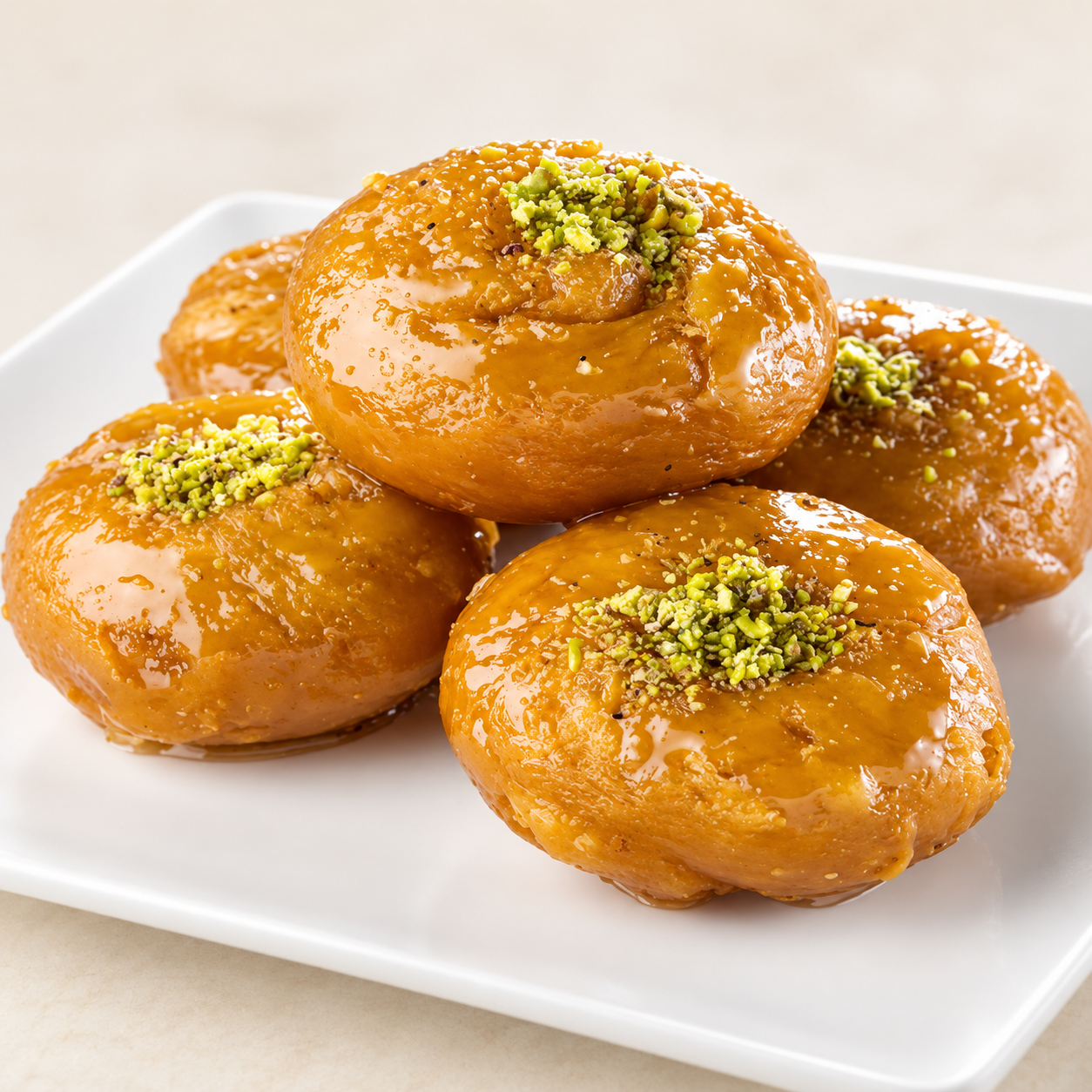 Baalu shahi pastries with pistachio topping on a white plate