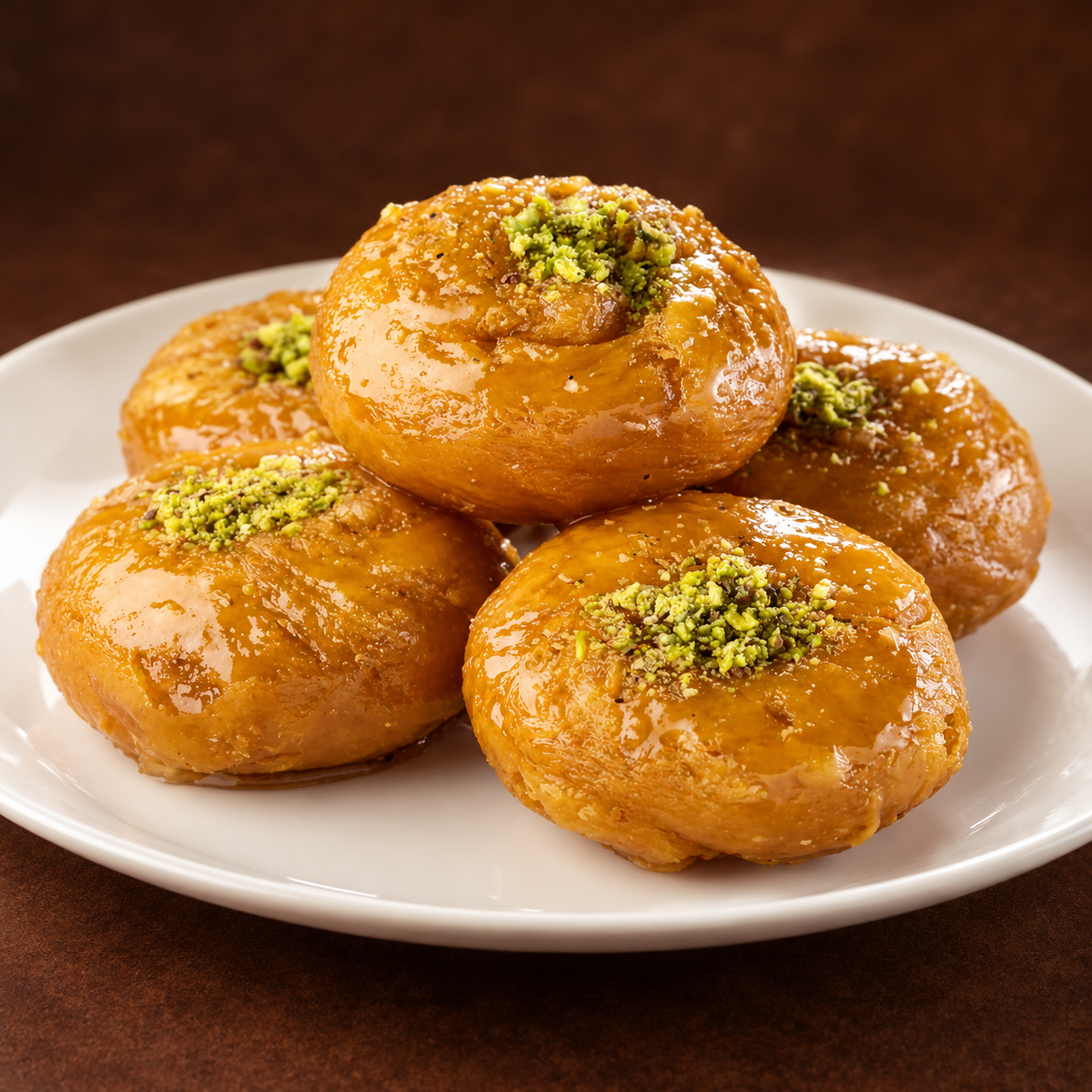 Baalu shahi pastries with pistachio topping on a cream plate against a warm brown background