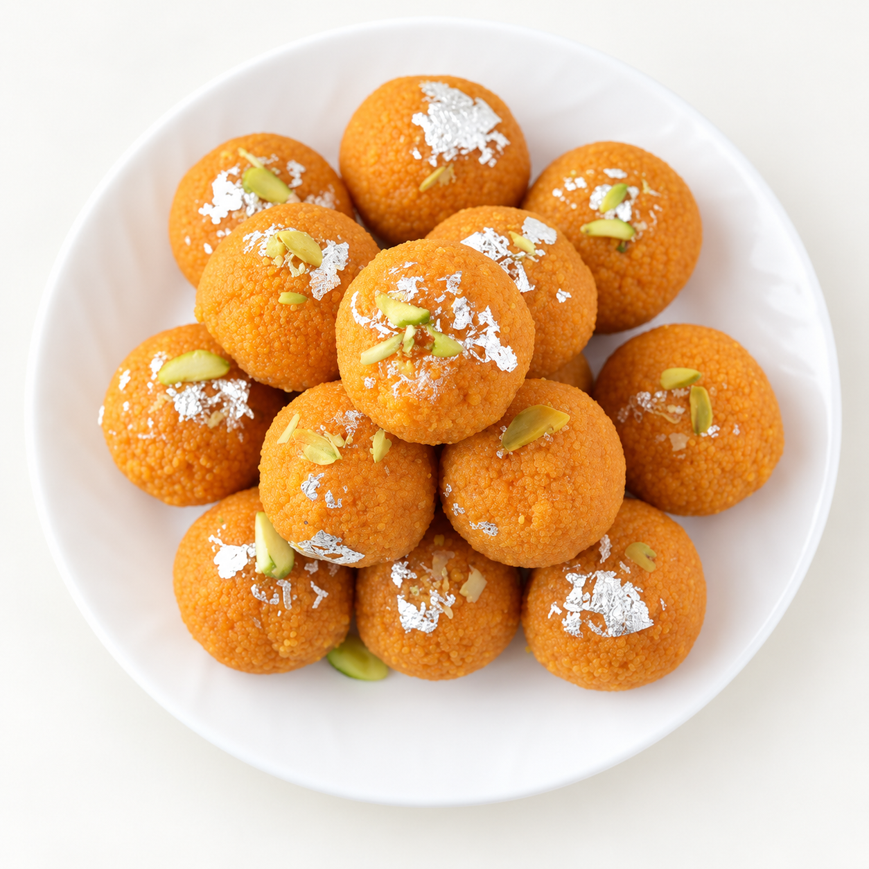 Besan laddu with pistachio and silver leaf on a white plate