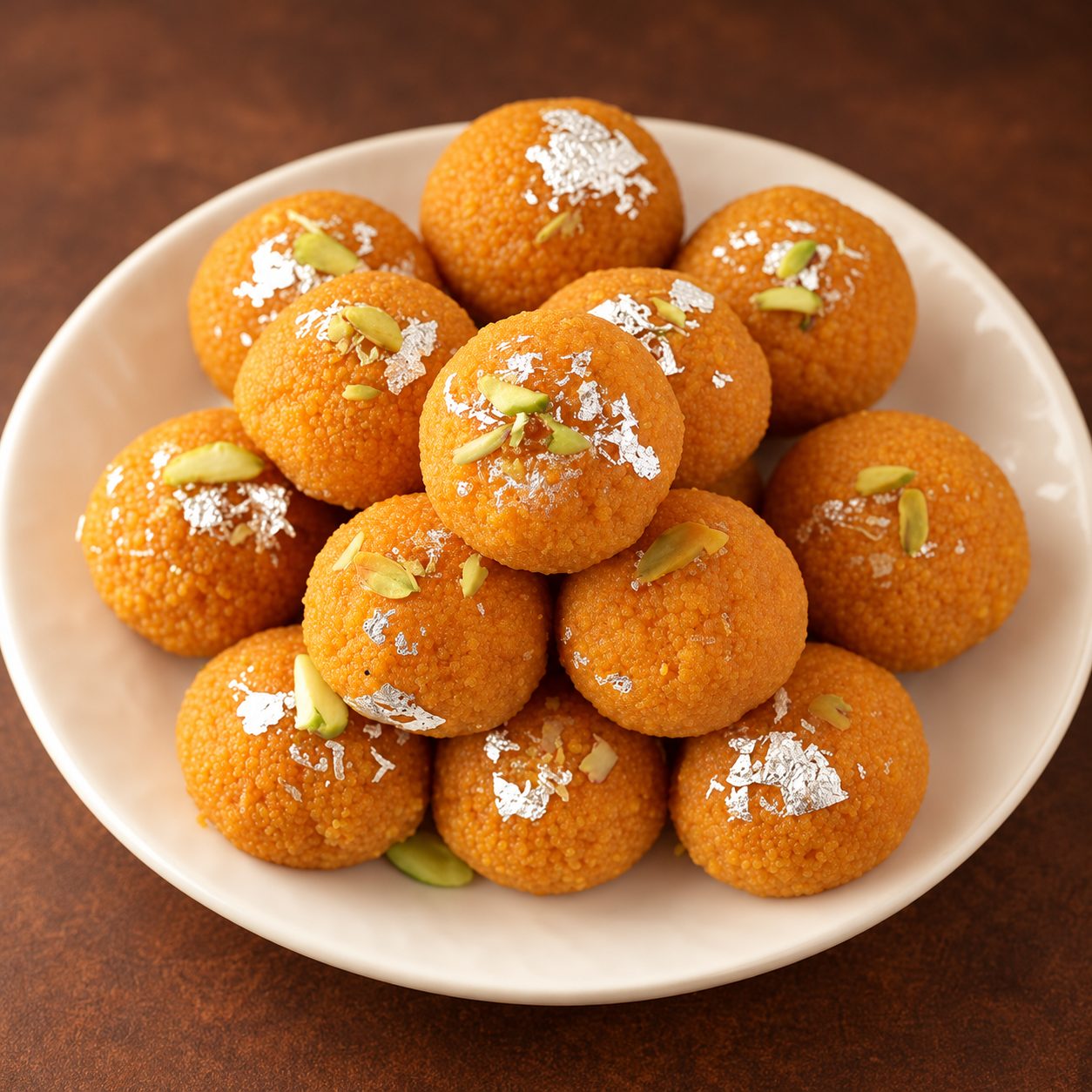 Besan laddu on a cream plate against a warm brown background