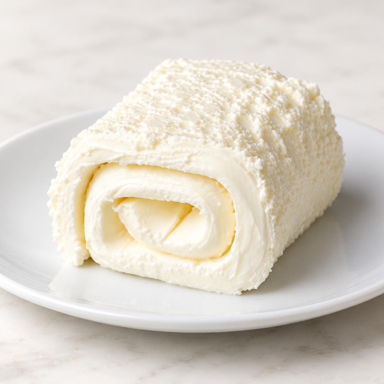 Rolled buffalo kaymak cream on a white plate in soft daylight