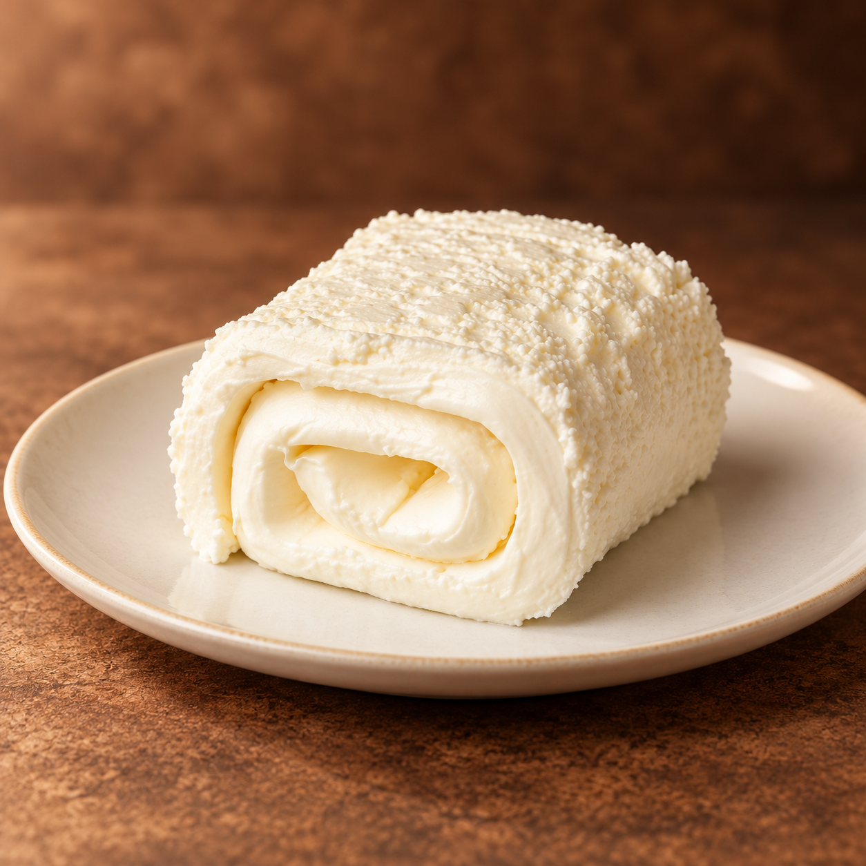 Rolled buffalo kaymak cream on a cream plate against a warm brown background