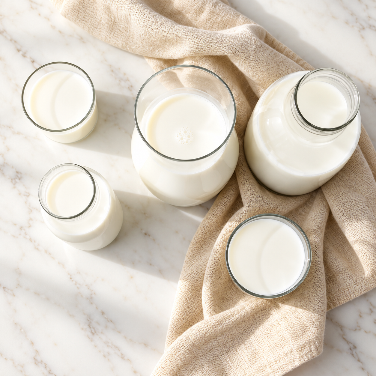 Buffalo milk in clear glasses on a bright marble surface
