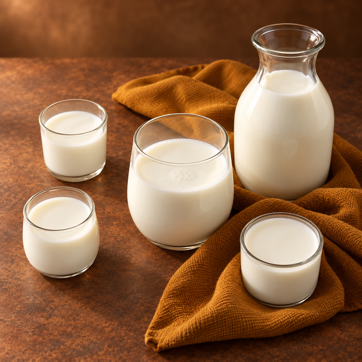Buffalo milk in clear glasses and a carafe against a warm brown background