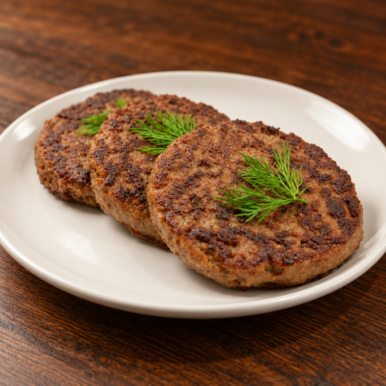 Three browned Shami Kebab patties on a pale plate against a dark walnut table.