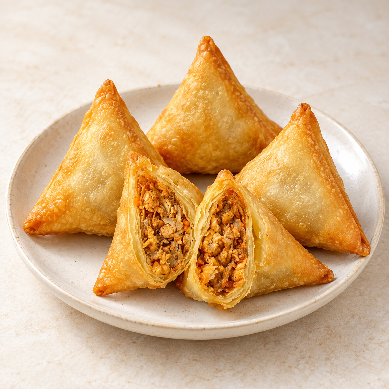 Golden chicken tikka samosas on a cream plate, one cut open to show the spiced filling.