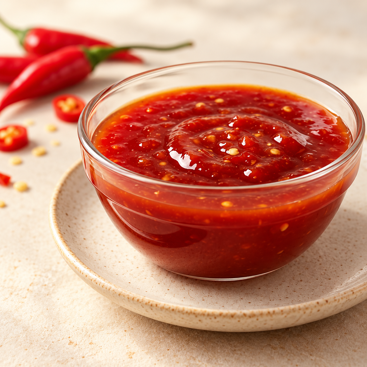 Chunky red chilli sauce with visible chilli flecks in a clear bowl on a pale plate.