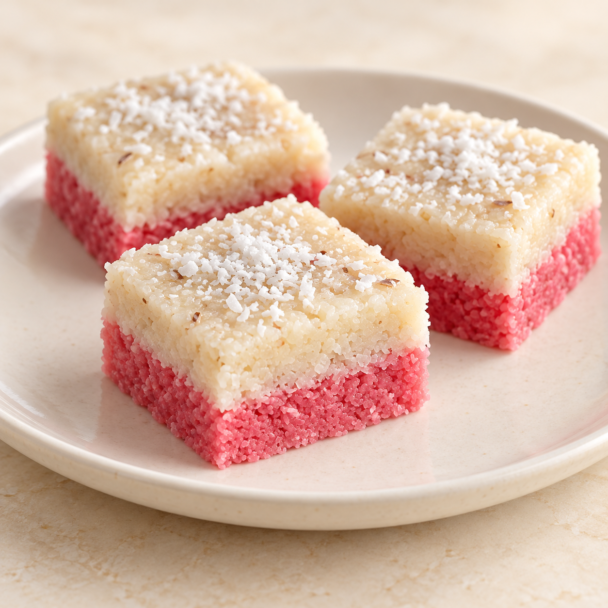 Layered coconut barfi squares with a white coconut top and pink base.