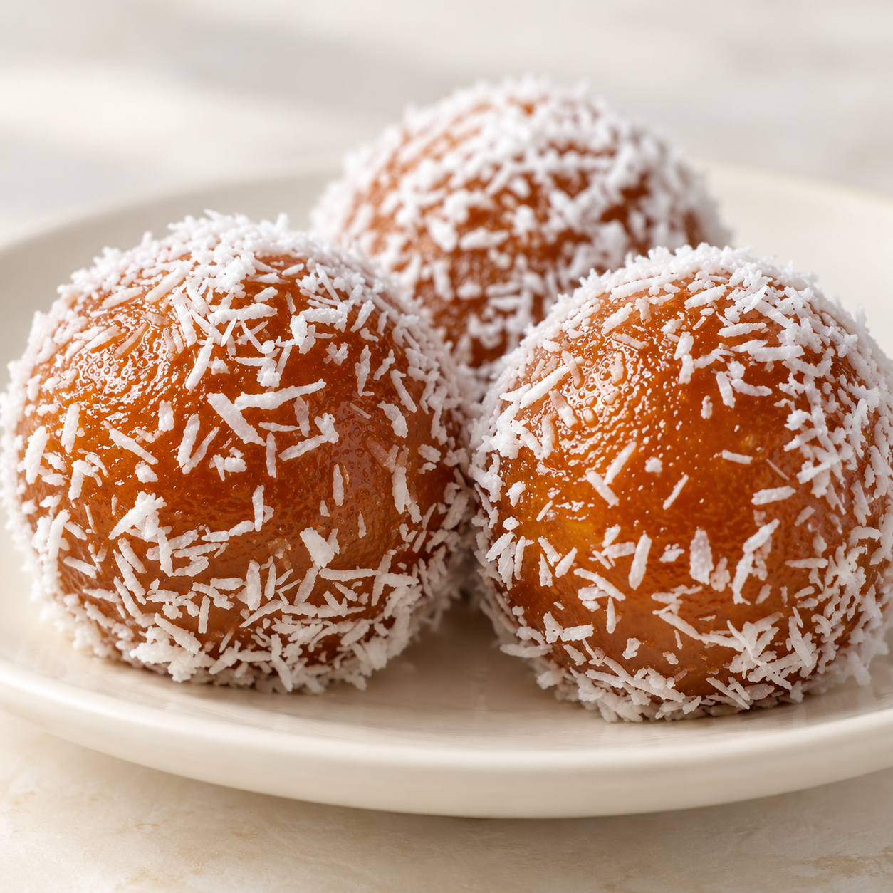 Syrup-glazed coconut gulab jamun coated with shredded coconut.