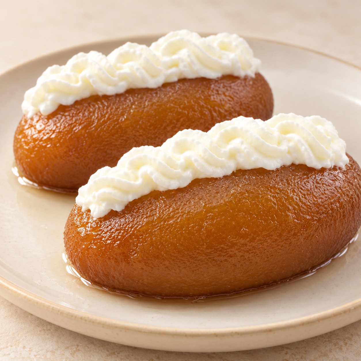 Oval syrup-soaked gulab jamun topped with a swirl of cream.