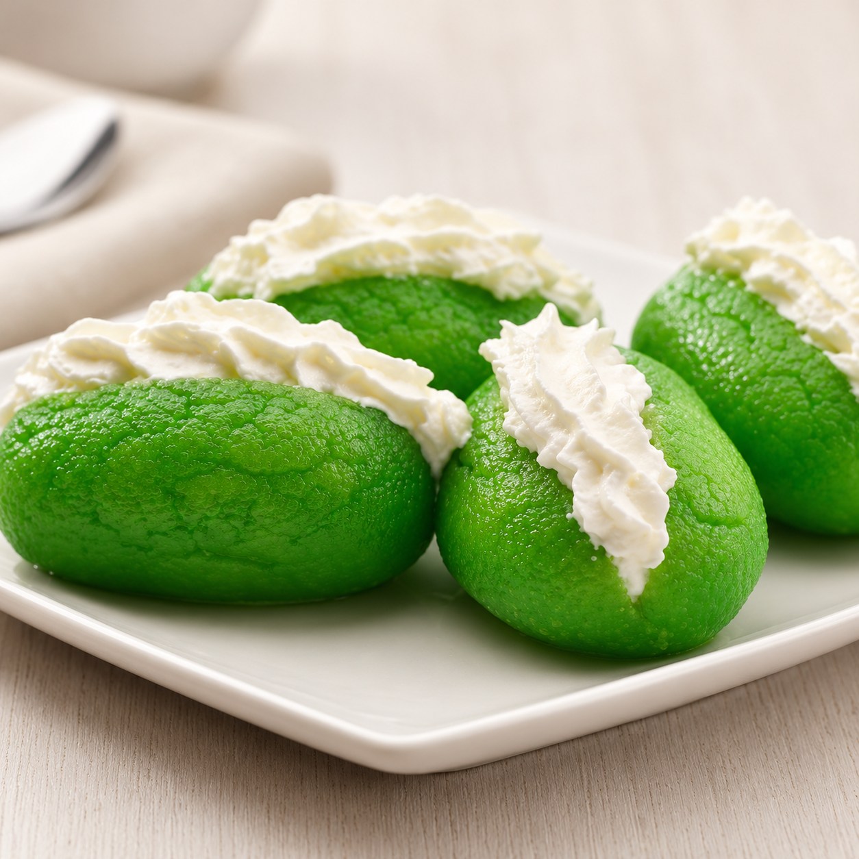 Bright green syrup-soaked rasgullah ovals topped with white cream.