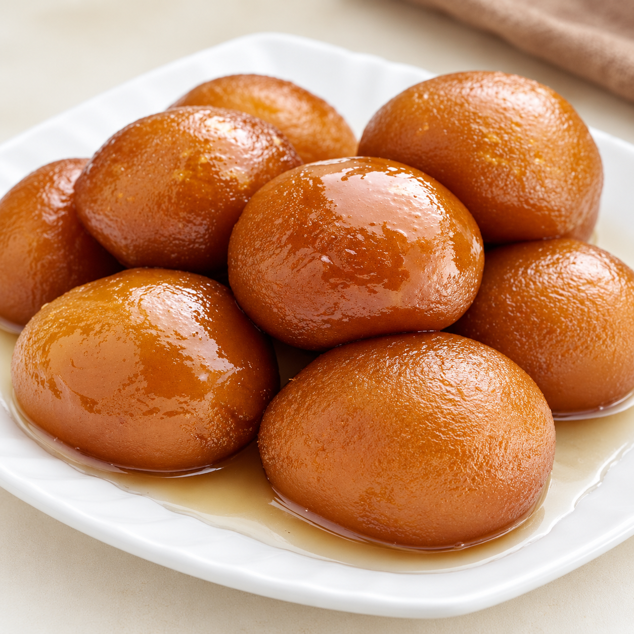 Gulab jamun in syrup on a white plate