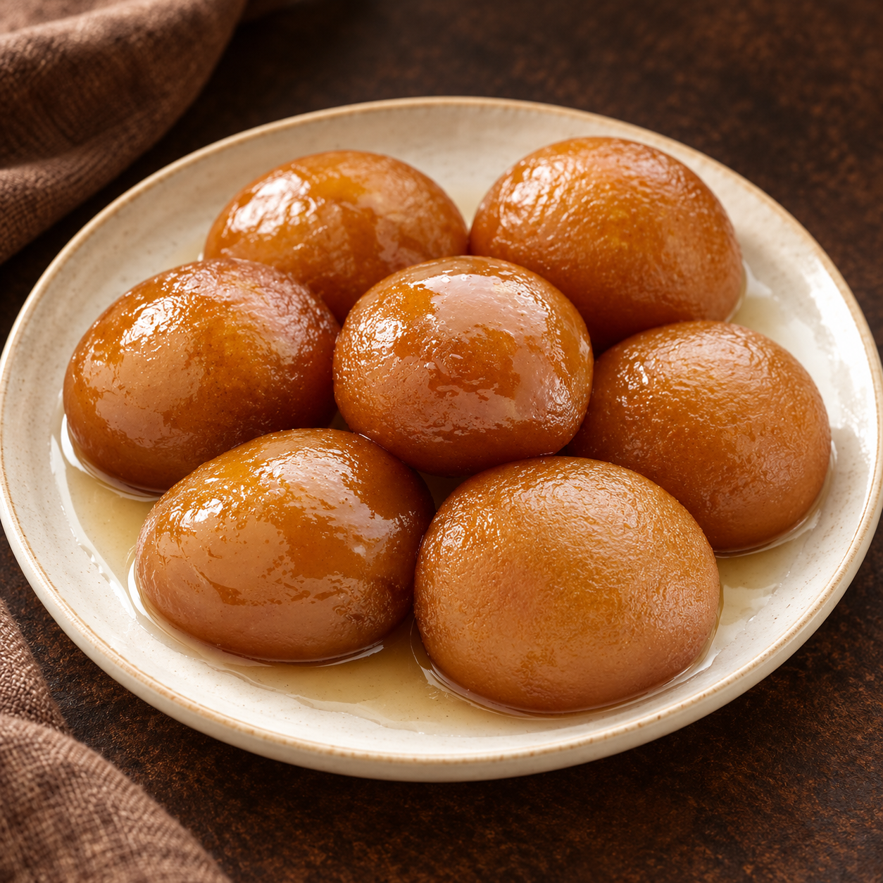 Gulab jamun in syrup on a cream plate with a warm brown background