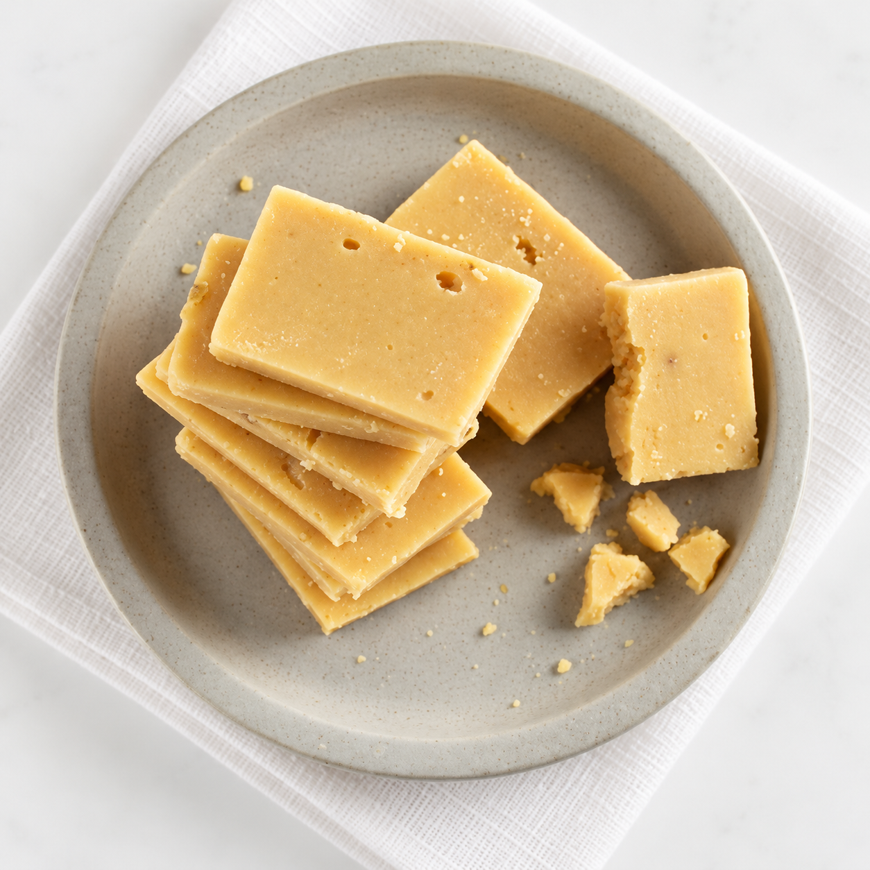 Buffalo milk khoya barfi pieces on a pale plate in soft daylight