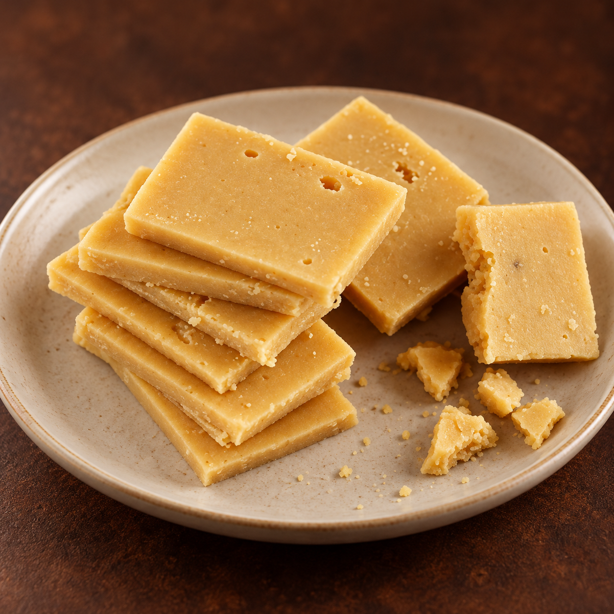 Buffalo milk khoya barfi on a cream plate against a warm brown background