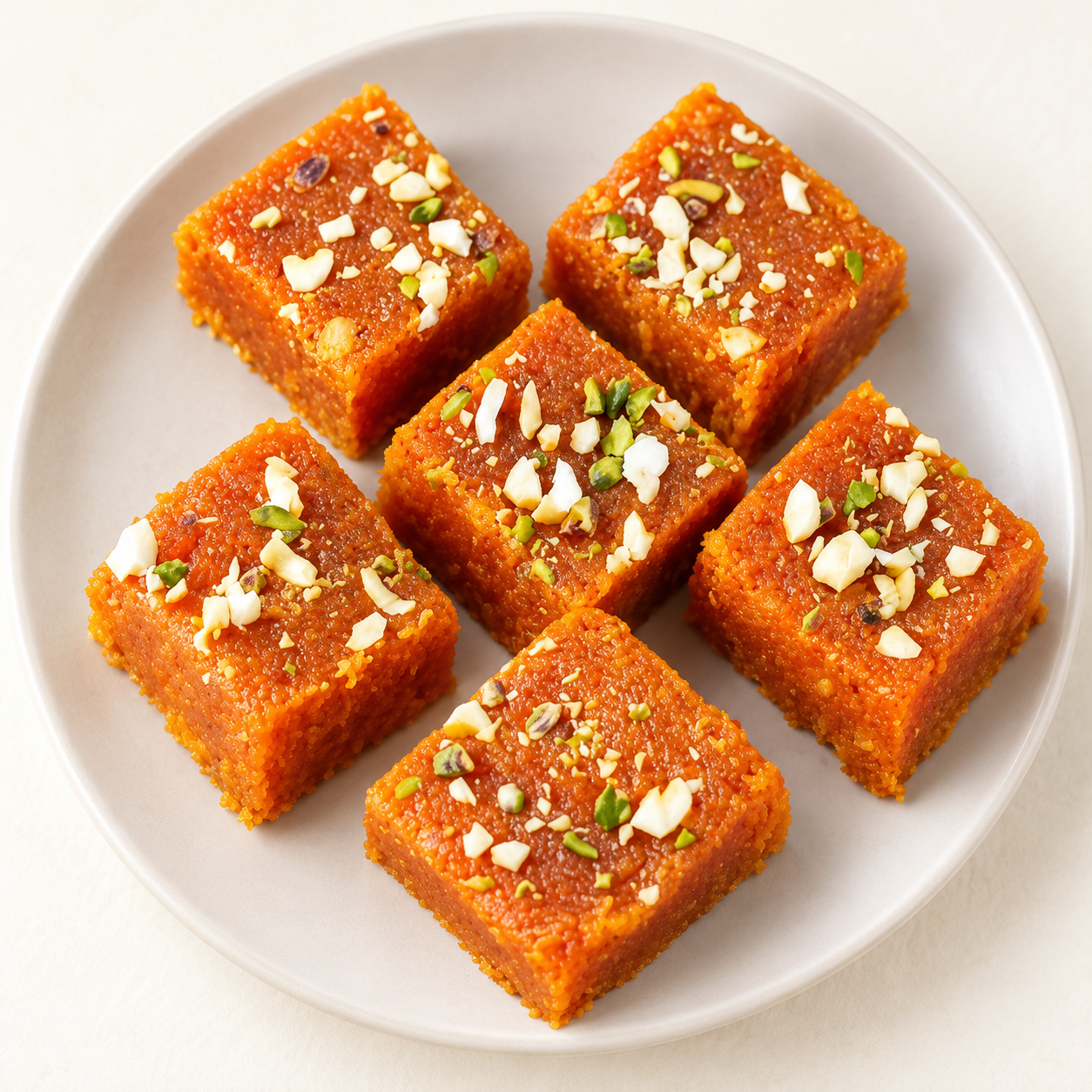 Carrot barfi with chopped nuts on a pale plate in soft daylight