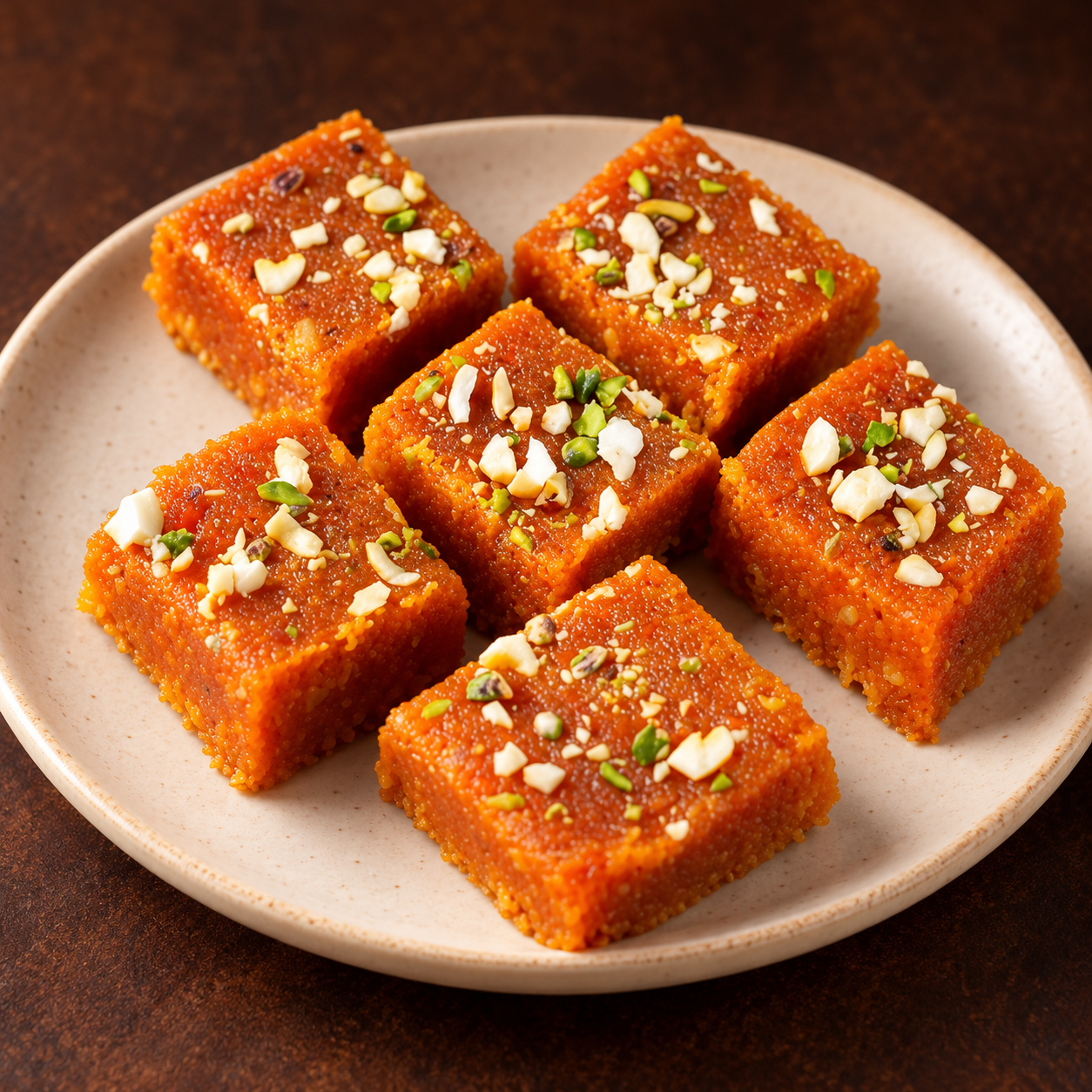 Carrot barfi on a cream plate against a warm brown background