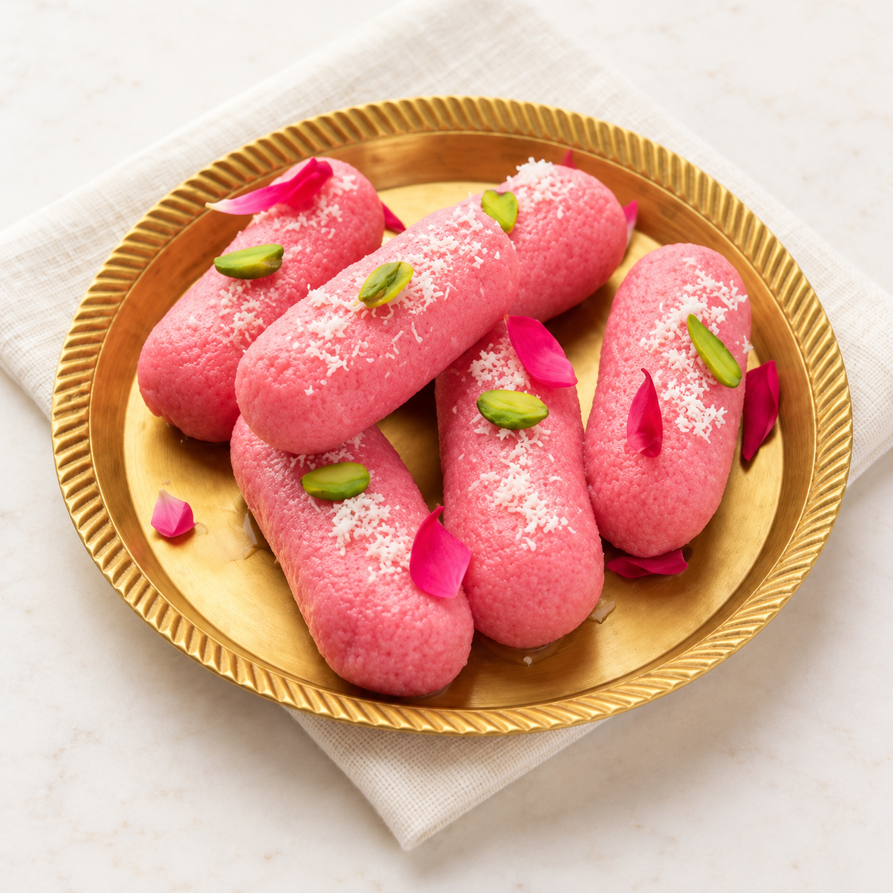 Pink cham cham sweets with coconut and pistachio on a gold plate in soft daylight