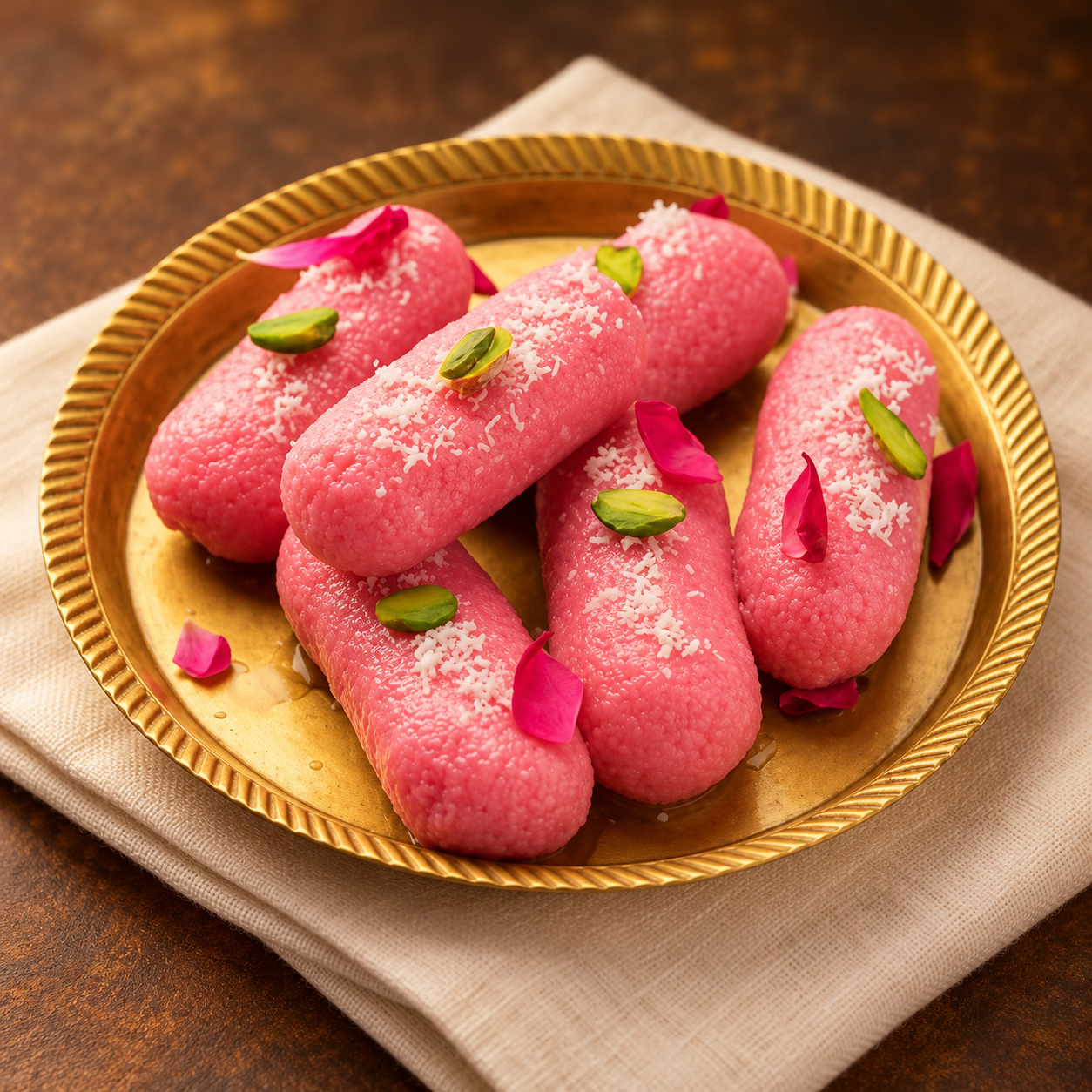 Pink cham cham sweets on a gold plate against a warm brown background