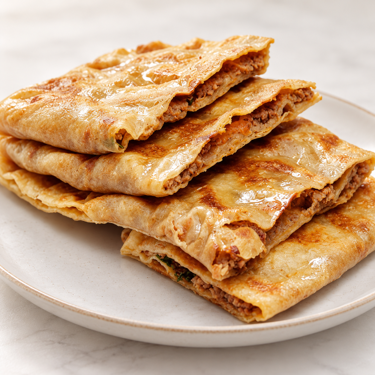 Chicken katlama flatbread with minced filling on a cream plate in soft daylight