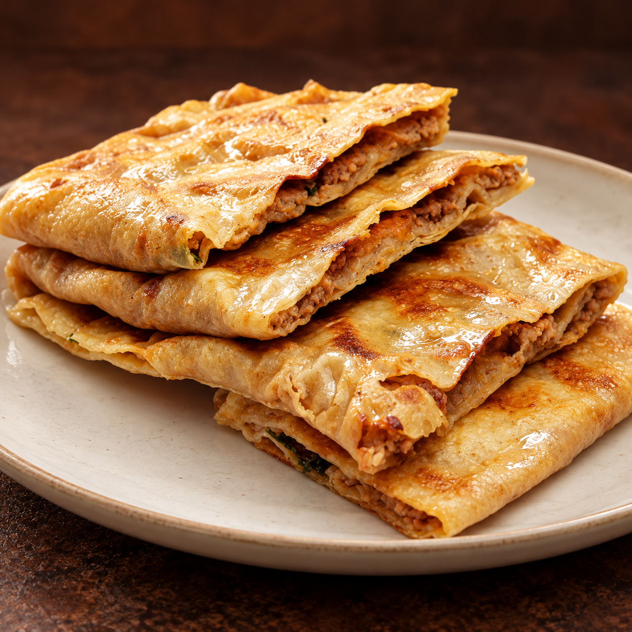 Chicken katlama on a cream plate against a warm brown background