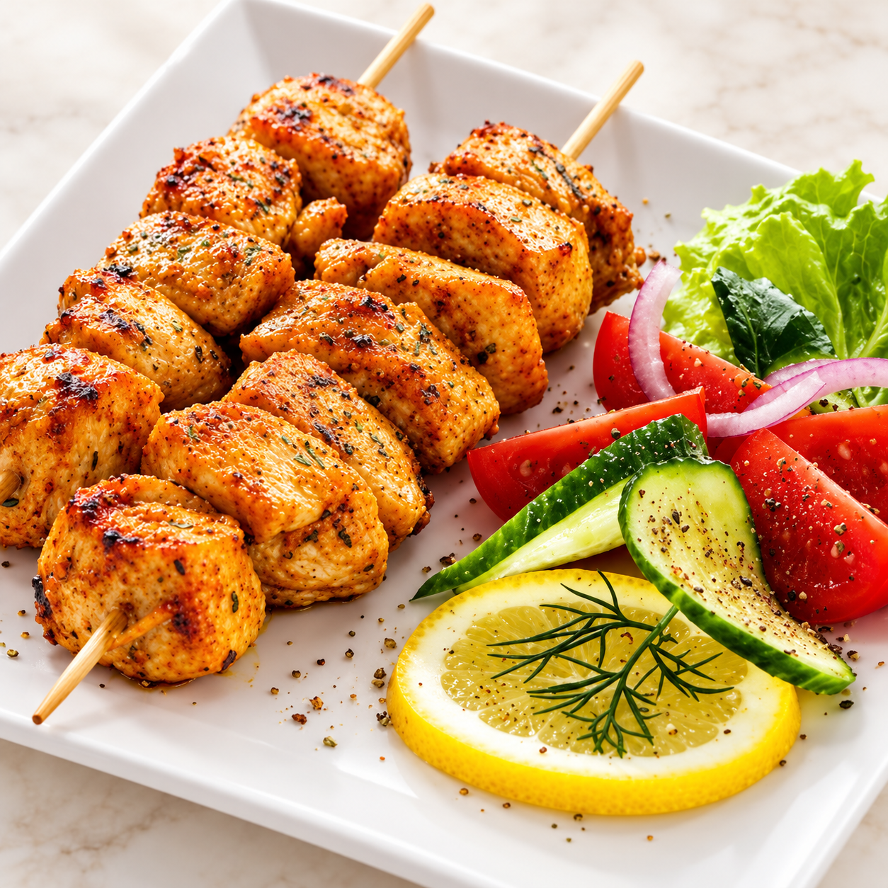 Grilled chicken kebab skewers with salad and lemon on a white plate