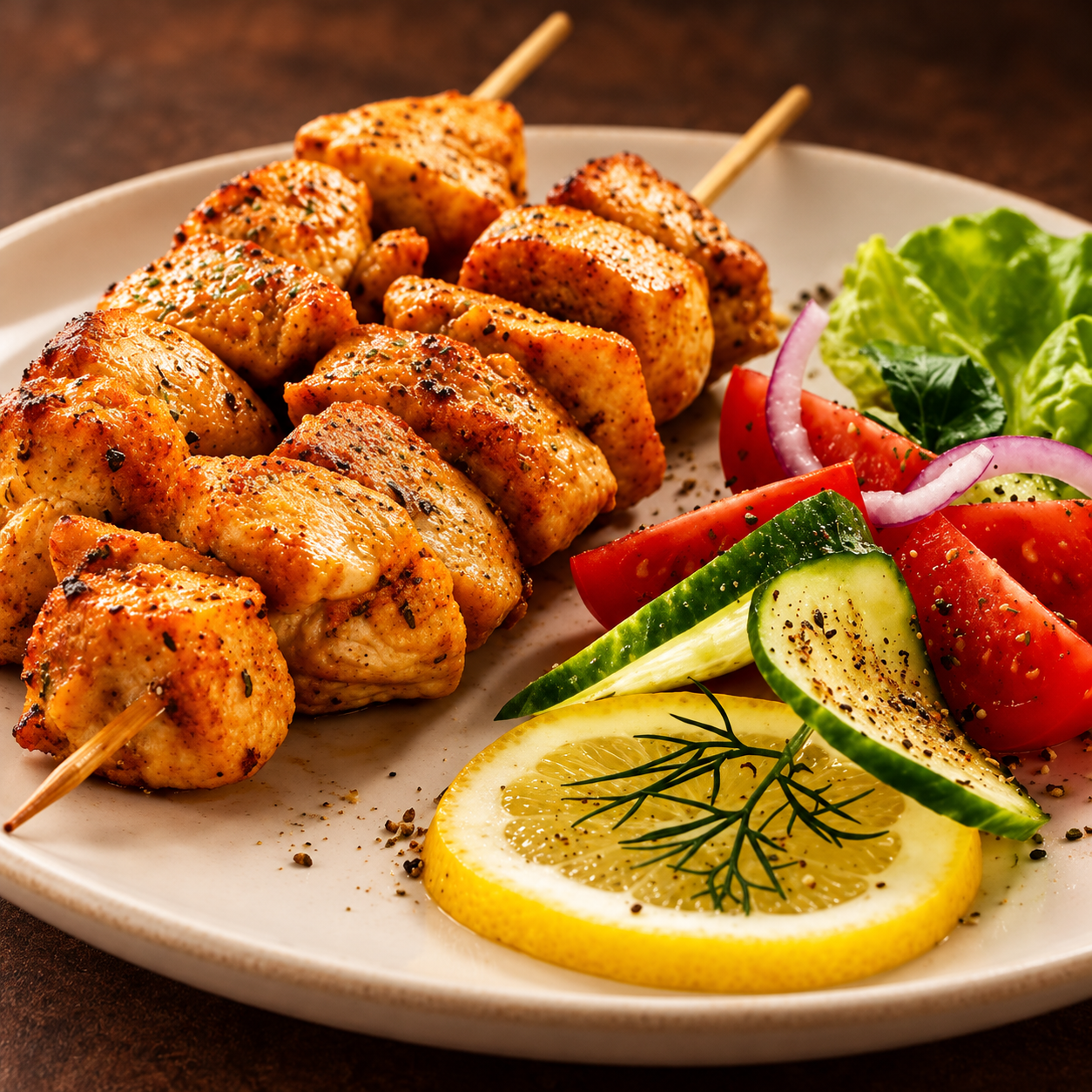Grilled chicken kebab skewers with salad and lemon against a warm brown background