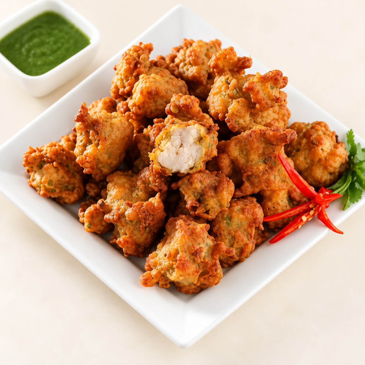Chicken pakora on a light plate — serving suggestion