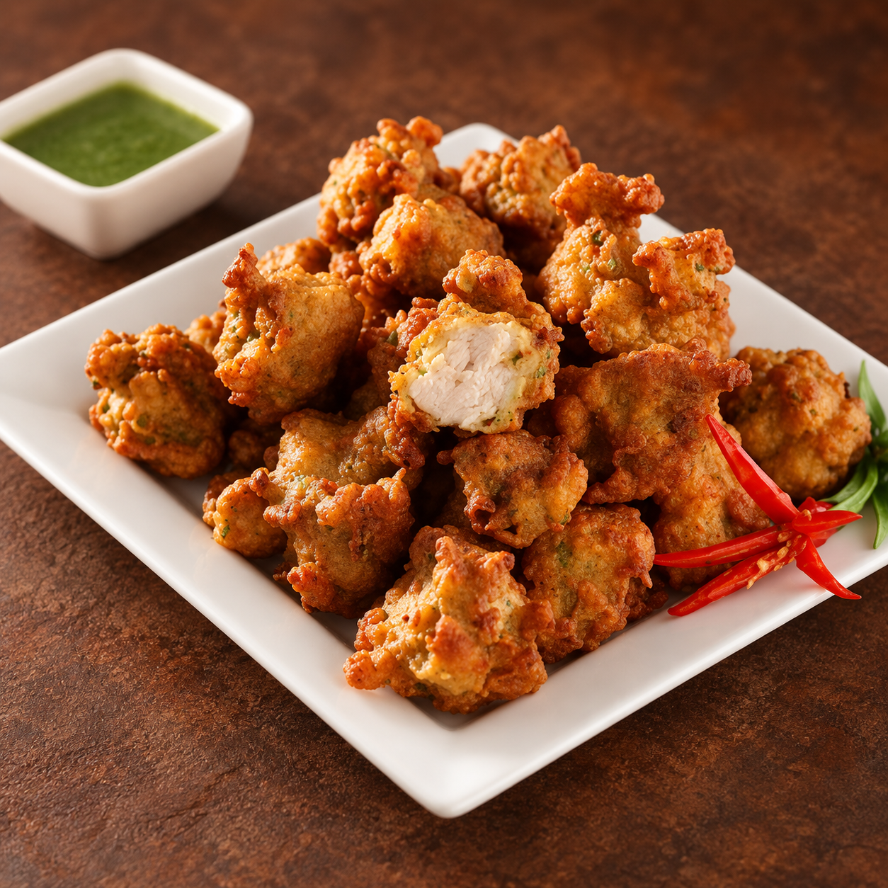 Chicken pakora with warm table styling — serving suggestion