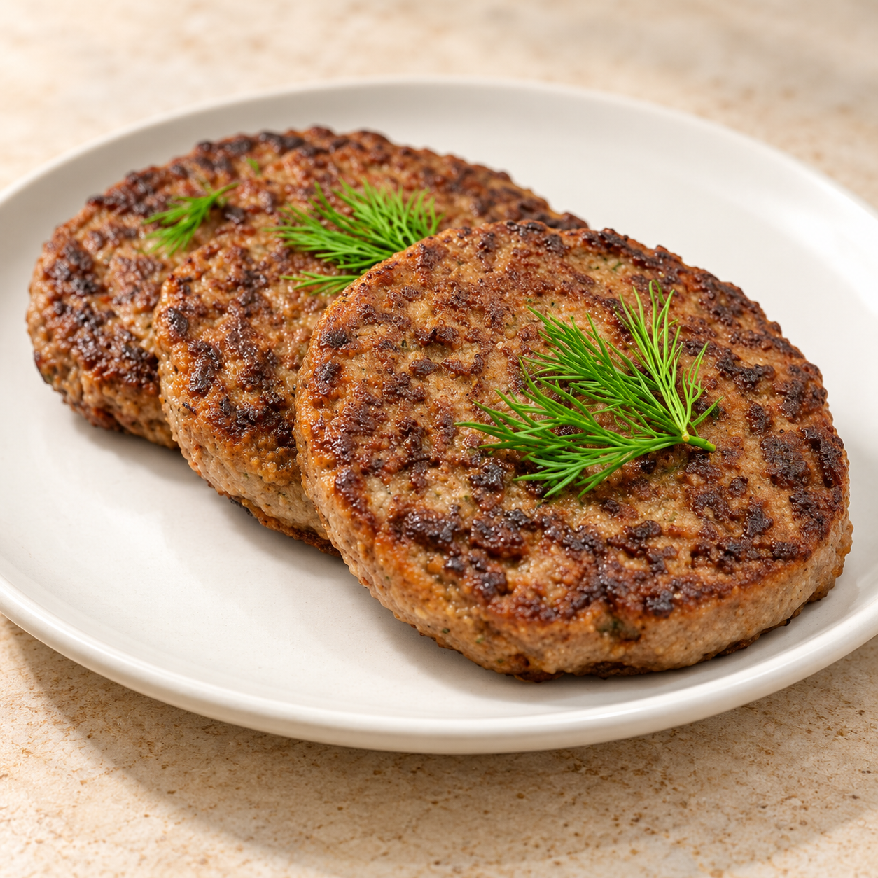 Three browned Shami Kebab patties arranged on a cream plate.