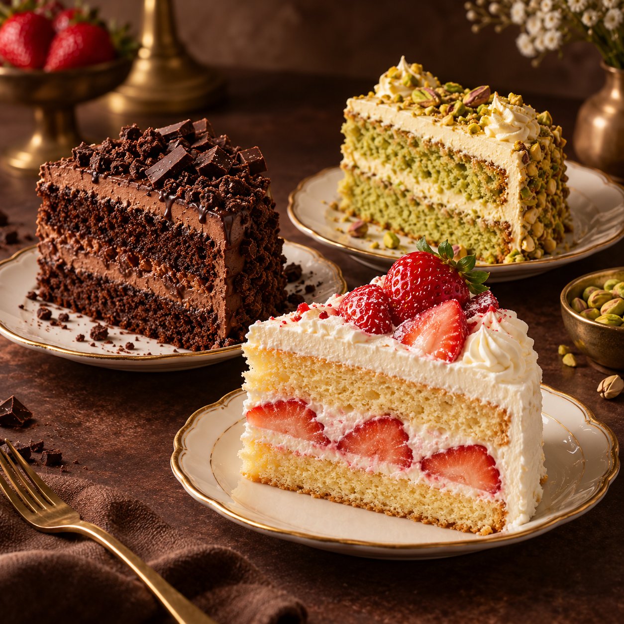 A beautifully decorated selection of cake slices