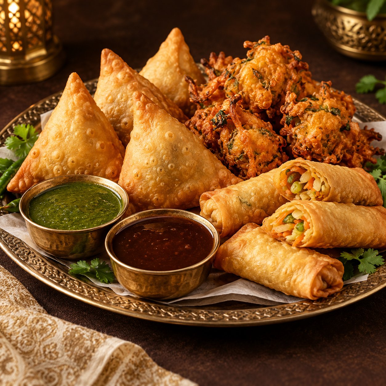 Golden savoury snacks and pastries